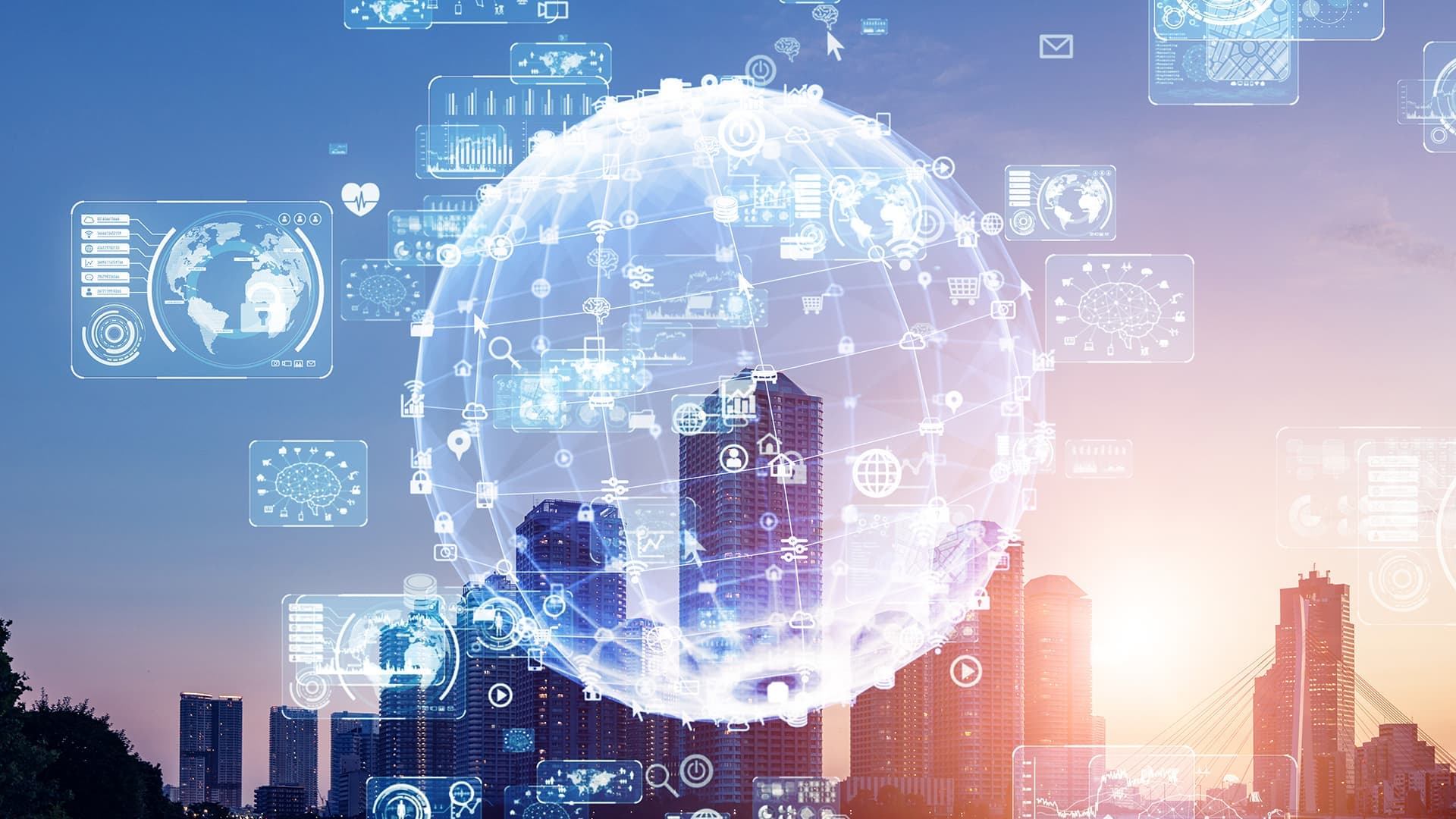 Digital glob framför stadssiluett 
